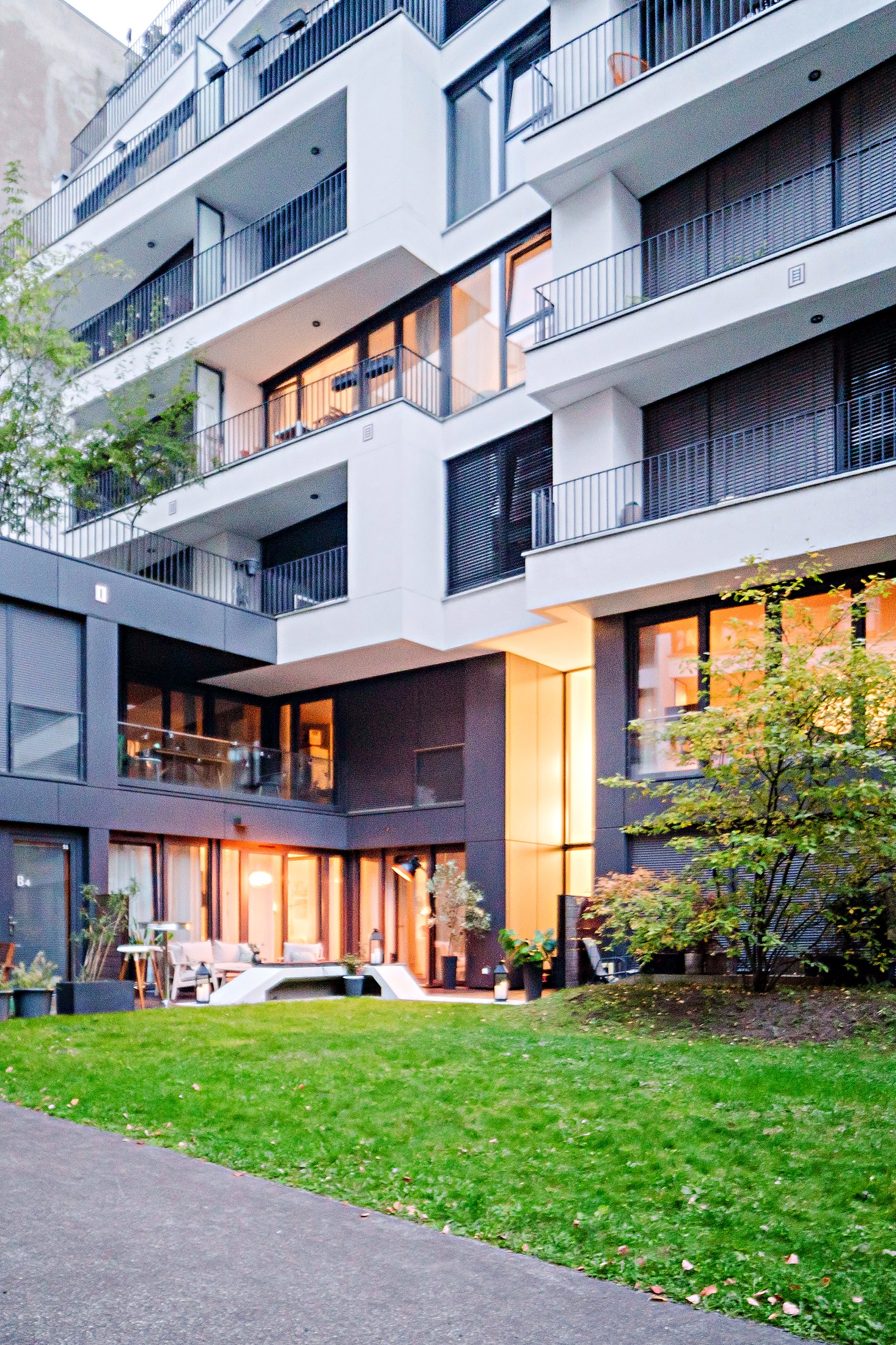 Building facade at dusk
